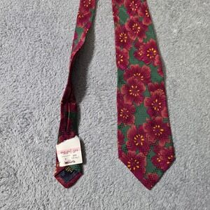 Anne Klein Mens One‎ Size Necktie Green Burgundy Floral Silk Hand Finished Tie